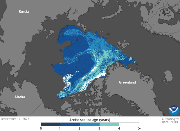 Map of Arctic Ocean showing ice of various ages