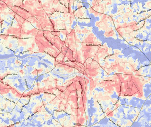 Map of daytime temperatures in Richmond showing the hottest and coolest places