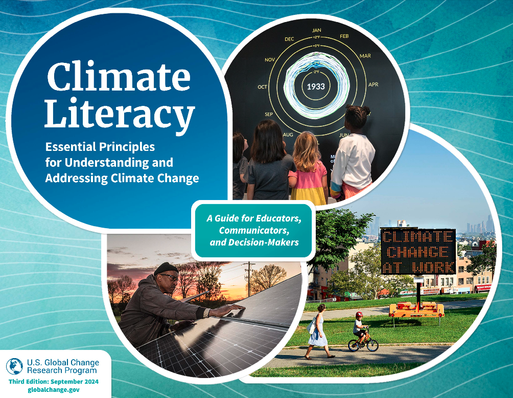 Cover of the climate literacy guide with people building climate literacy