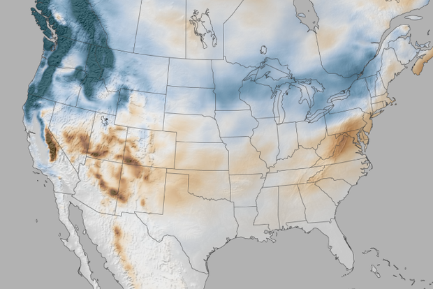 Map showing below-average snowfall amounts over the southern United States