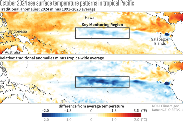 Promo image for two maps showing traditional sea surface temperature and relative sea surface temperature anomalies